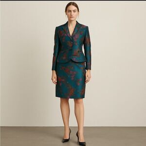 BANU Paris Teal Blue Green Satin Brocade Jacquard 2piece Floral Skirt Suit
